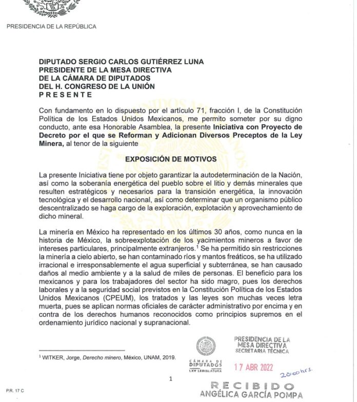 Iniciativa enviada por el presidente López Obrador para reformar Ley Minera y proteger las reservas de litio