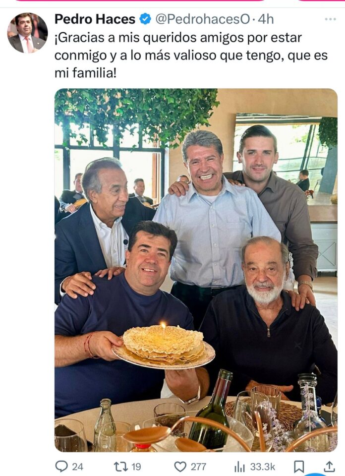 Pedro Haces parte pastel con Carlos Slim, Miguel Rincón y Ricardo Monreal