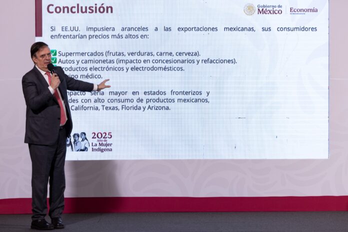 El secretario Marcelo Ebrard advirtió sobre el severo impacto que tendría la imposición de un arancel del 25% a productos mexicanos El secretario Marcelo Ebrard advirtió sobre el severo impacto que tendría la imposición de un arancel del 25% a productos mexicanos