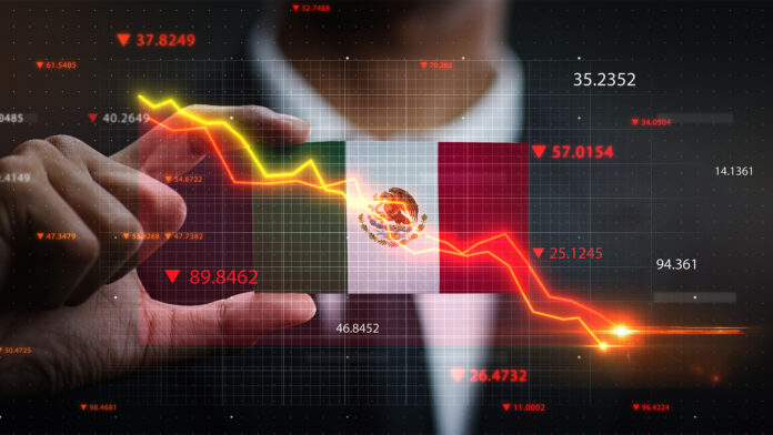 Graph Falling Down in Front Of Mexico Flag. Crisis Concept