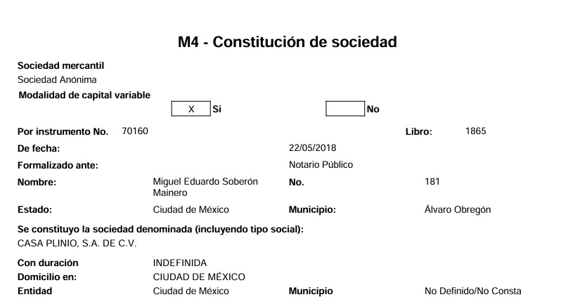 Casa Plinio fue constituida en 2018 y Mariano Menéndez, socio de MBG, aparece como presidente.