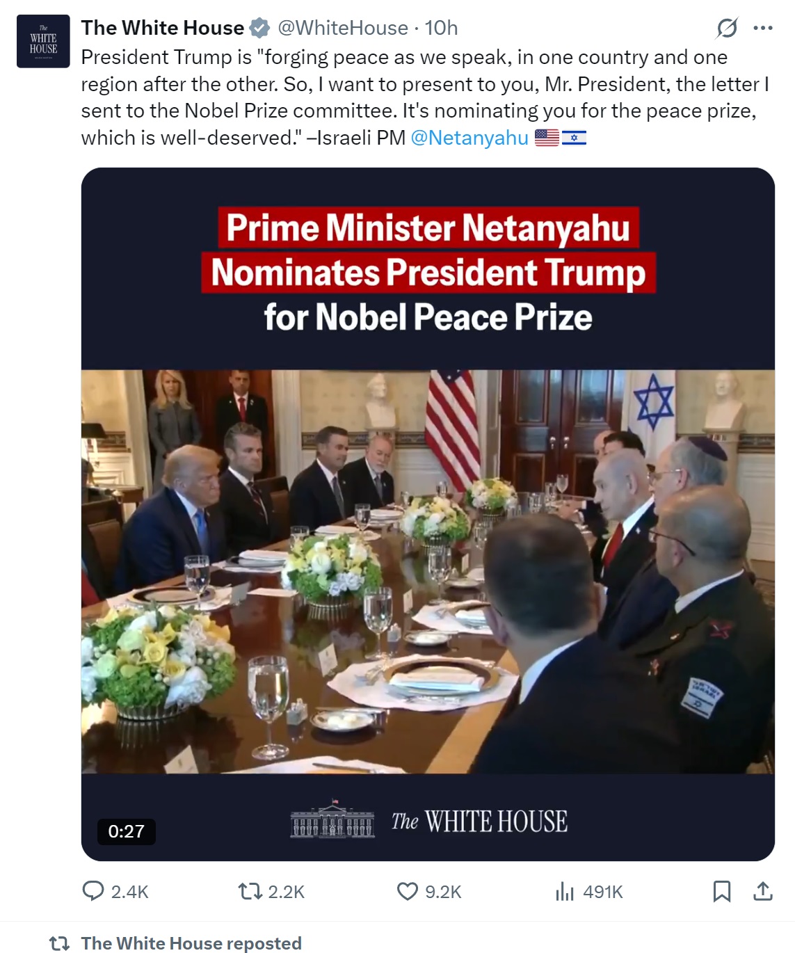El presidente Trump está "forjando la paz mientras hablamos, en un país y una región tras otra. Así que quiero presentarle, señor presidente, la carta que envié al comité del Premio Nobel. Lo está nominando para el premio de la paz, que es muy merecido." –Primer Ministro israelí @Netanyahu ????