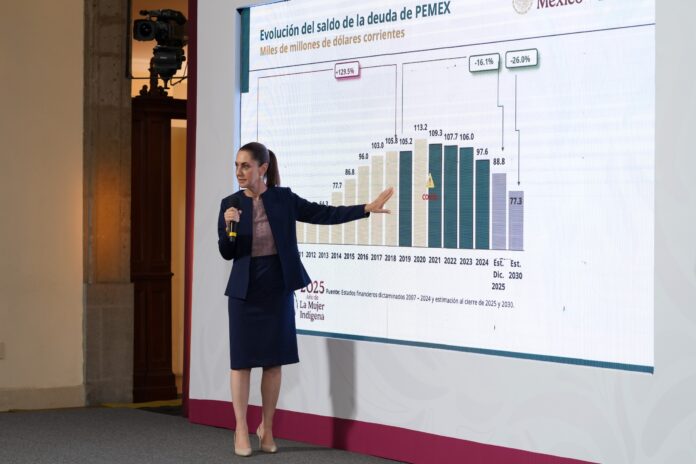 La presidenta Claudia Sheinbaum calificó este miércoles, durante su conferencia de prensa matutina, la deuda que enfrenta Petróleos Mexicanos (Pemex) como “la maldita deuda corrupta