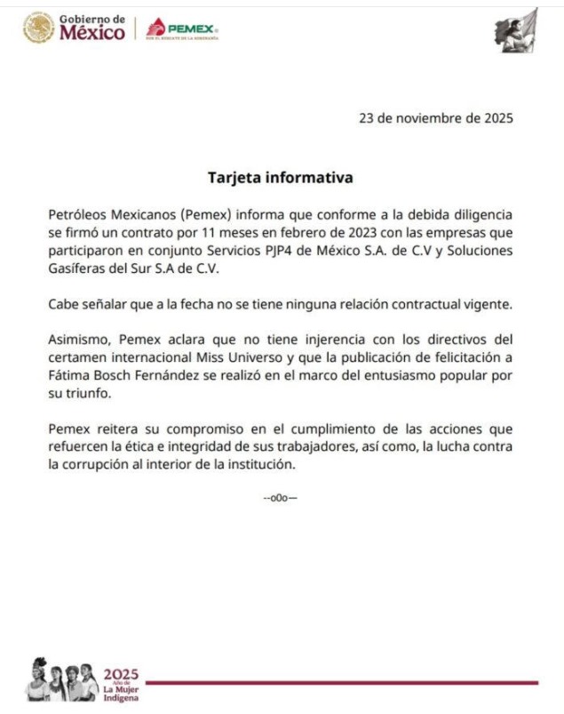 Tarjeta informativa de PEMEX