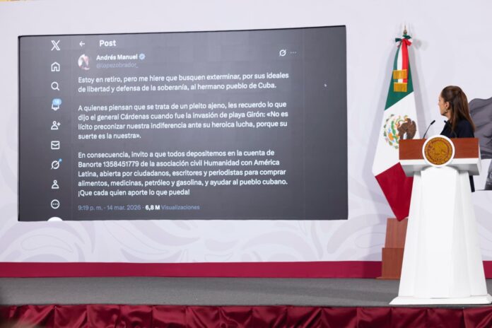 La presidenta de México, Claudia Sheinbaum, informó que también realizará una aportación económica a la colecta impulsada por ciudadanos para enviar ayuda humanitaria a Cuba, iniciativa que recientemente fue respaldada por el expresidente Andrés Manuel López Obrador.