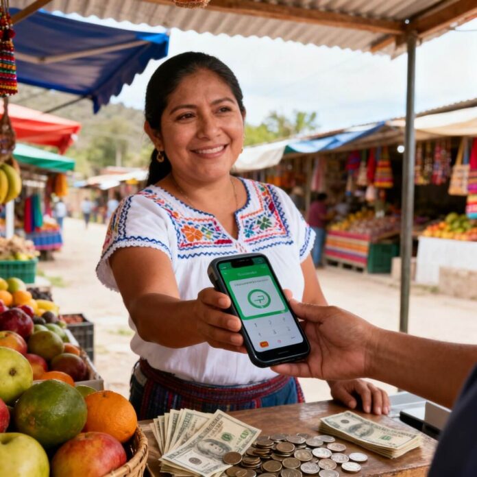 Mujer mexicana adulta en un mercado rural de México, en un puesto pequeño de frutas o artesanías. Ella sostiene un smartphone y muestra una app de pago digital en la pantalla, cobrando a un cliente.