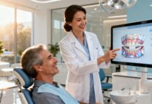 Dentista y paciente sonriendo mientras revisan un diagnóstico de salud bucal utilizando tecnología dental 3D avanzada CAD CAM.