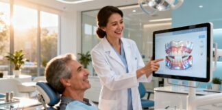 Dentista y paciente sonriendo mientras revisan un diagnóstico de salud bucal utilizando tecnología dental 3D avanzada CAD CAM.