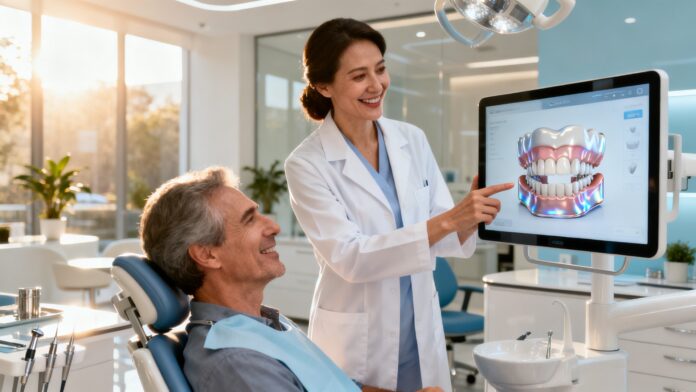 Dentista y paciente sonriendo mientras revisan un diagnóstico de salud bucal utilizando tecnología dental 3D avanzada CAD CAM.