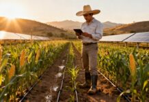Agricultor mexicano usando tecnología en un campo sustentable, representando los avances de la Agenda 2030 en el agro mexicano.