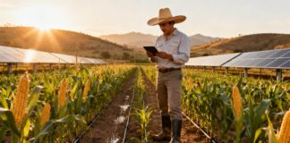 Agricultor mexicano usando tecnología en un campo sustentable, representando los avances de la Agenda 2030 en el agro mexicano.