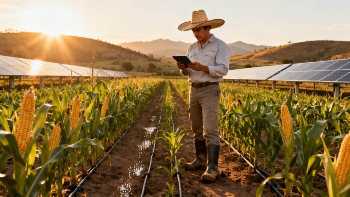 Agricultor mexicano usando tecnología en un campo sustentable, representando los avances de la Agenda 2030 en el agro mexicano.