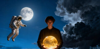 Persona de pie en una encrucijada futurista