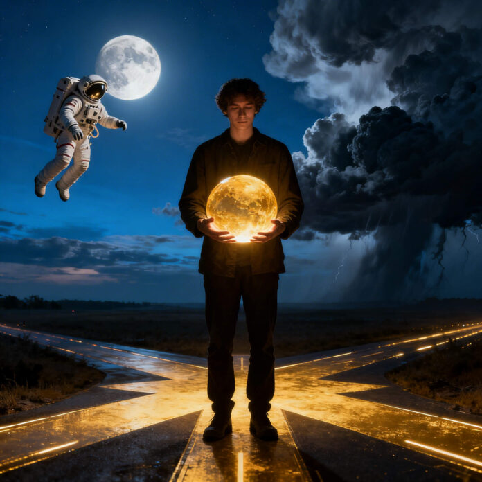 Persona de pie en una encrucijada futurista